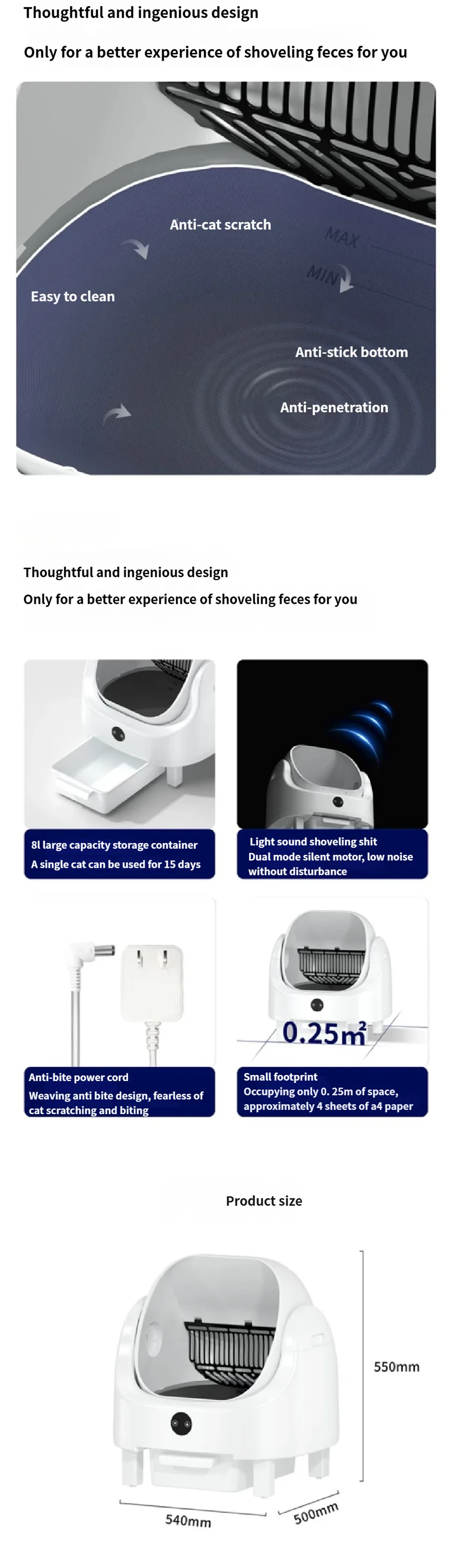 HeyboLux Large Capacity Self Cleaning Cat Litter Box with Safety App Control Odor Free Automatic Smart Open Waste Bin for Cats