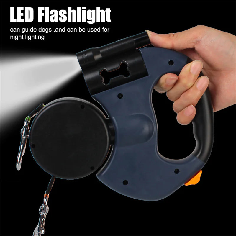 Retractable Dual Dog Leash with Reflective Feature and Flashlight